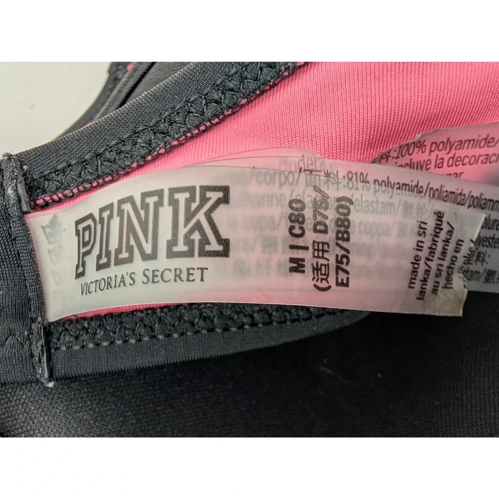 Victoria's Secret PINK Bra‎ Black Pink Tie Back Lined Sexy Beach C80/M D75/E75